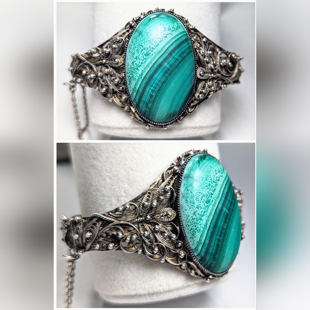 Ornate Silver Filigree & Malachite Hinged Bracelet
